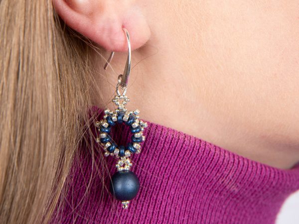 Stunning Navy Blue and Silver Color Statement Beaded Dangle Earrings.