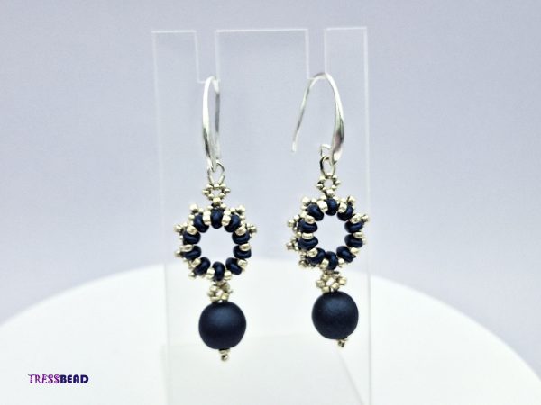 Stunning Navy Blue and Silver Color Statement Beaded Dangle Earrings.