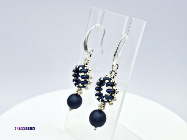 Stunning Navy Blue and Silver Color Statement Beaded Dangle Earrings.