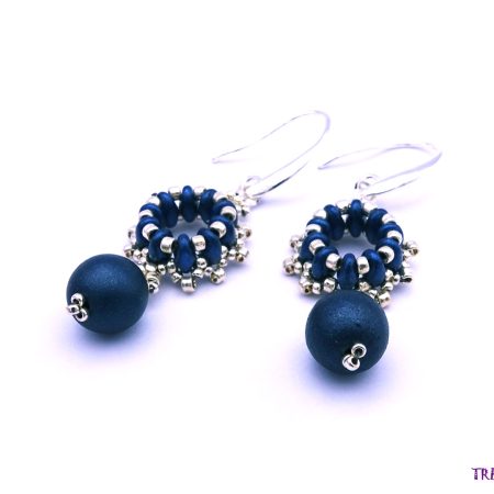 Stunning Navy Blue and Silver Color Statement Beaded Dangle Earrings.