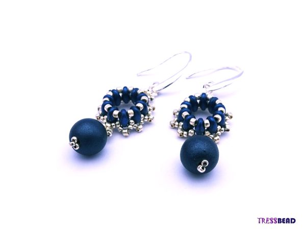 Stunning Navy Blue and Silver Color Statement Beaded Dangle Earrings.