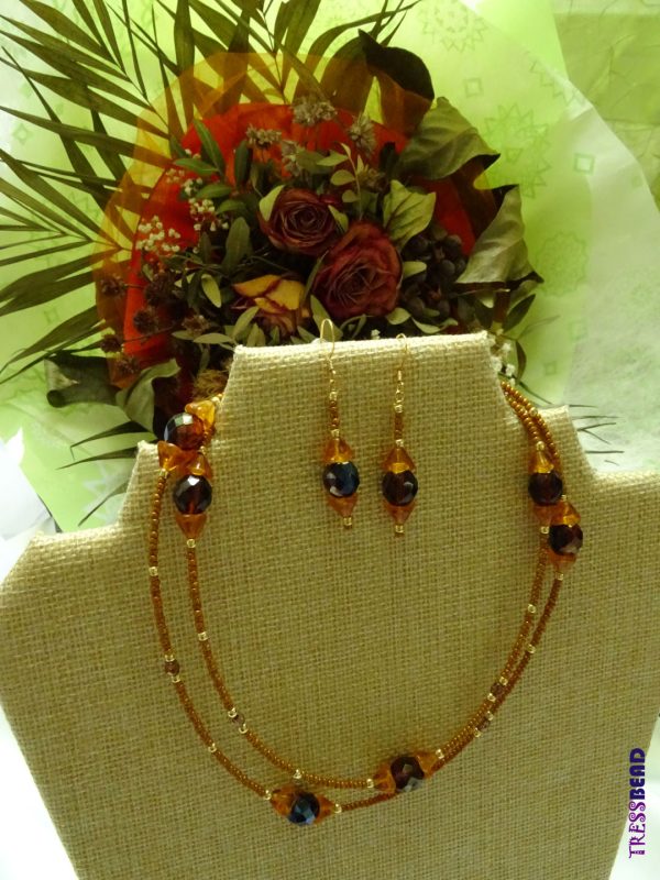 Honey Brown Gold Opera Length String Necklace & Earrings Set