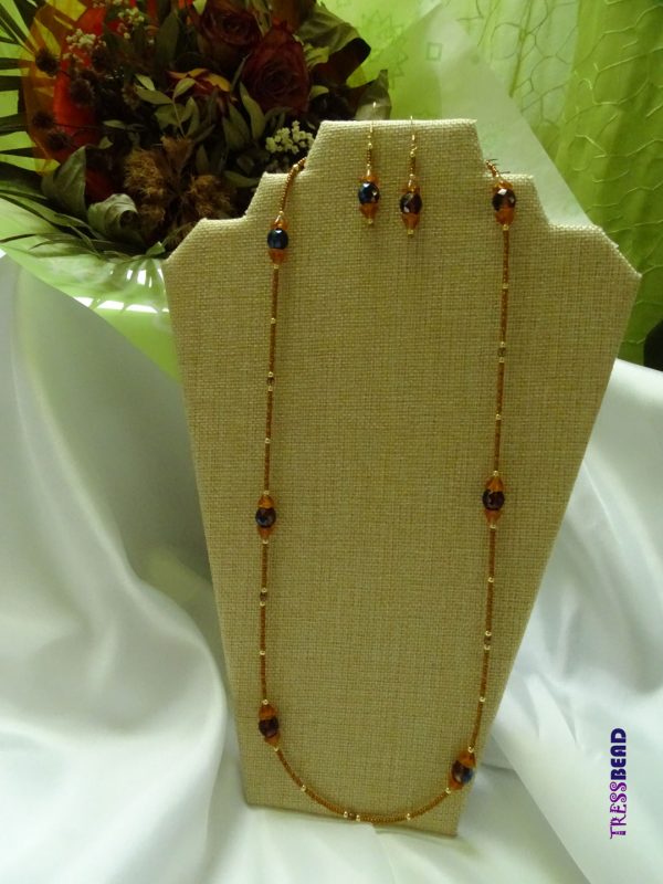 Honey Brown Gold Opera Length String Necklace & Earrings Set