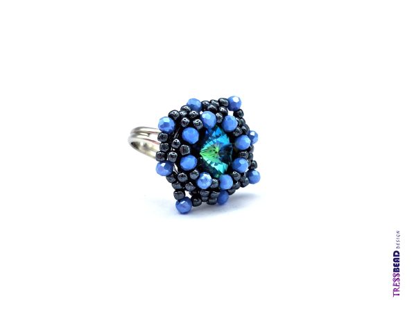 Ocean Blue rivoli adjustable beaded ring