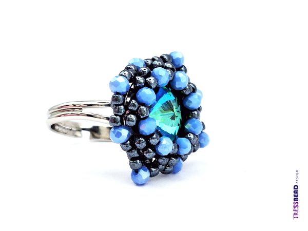 Ocean Blue rivoli adjustable beaded ring