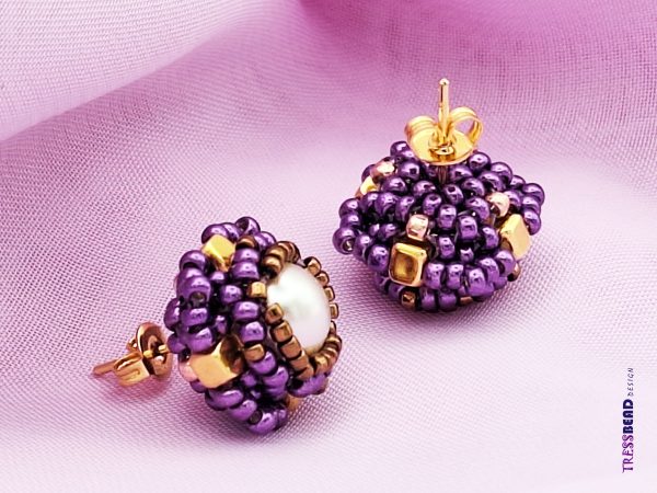 Handwoven Purple Beaded Stud/Post Earrings with Cream Preciosa Pearl - Hypoallergenic & Affordable Handmade Jewelry