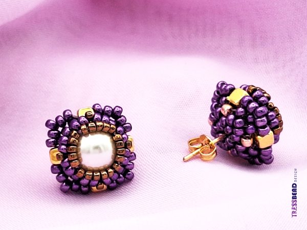 Handwoven Purple Beaded Stud/Post Earrings with Cream Preciosa Pearl - Hypoallergenic & Affordable Handmade Jewelry