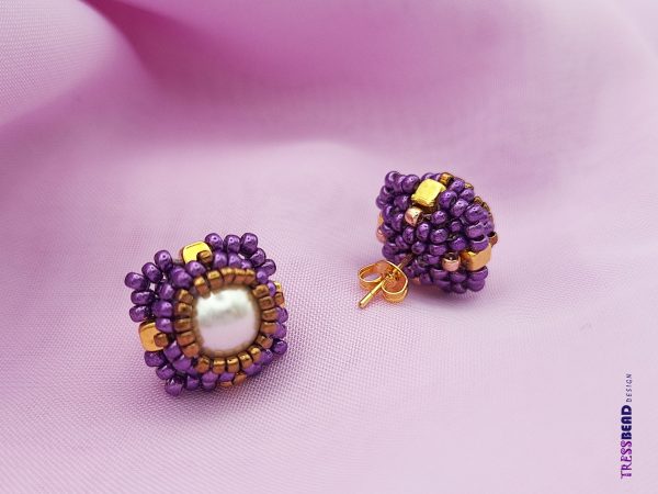 Handwoven Purple Beaded Stud/Post Earrings with Cream Preciosa Pearl - Hypoallergenic & Affordable Handmade Jewelry