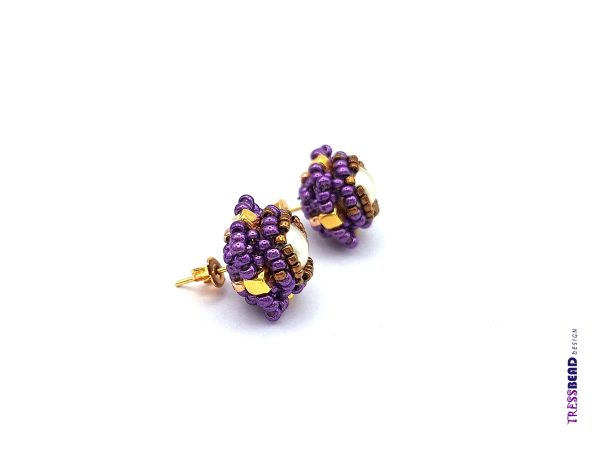 Handwoven Purple Beaded Stud/Post Earrings with Cream Preciosa Pearl - Hypoallergenic & Affordable Handmade Jewelry