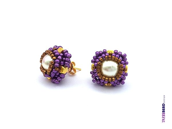 Handwoven Purple Beaded Stud/Post Earrings with Cream Preciosa Pearl - Hypoallergenic & Affordable Handmade Jewelry