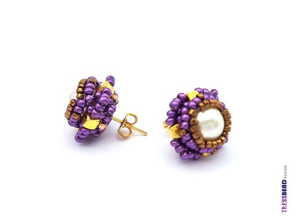 Handwoven Purple Beaded Stud/Post Earrings with Cream Preciosa Pearl - Hypoallergenic & Affordable Handmade Jewelry